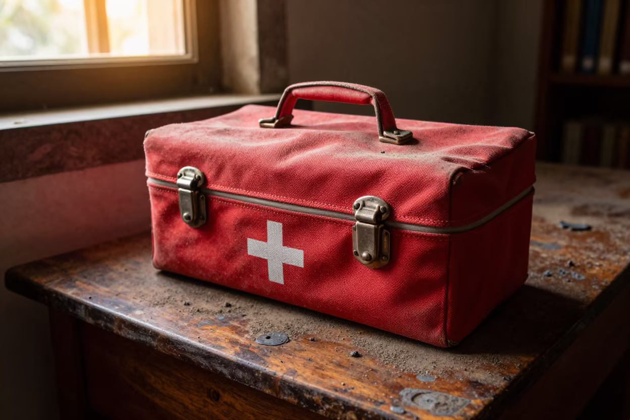 Red First Aid Kit on Dusty Library Table in on a dusty library table in Brahmanbaria