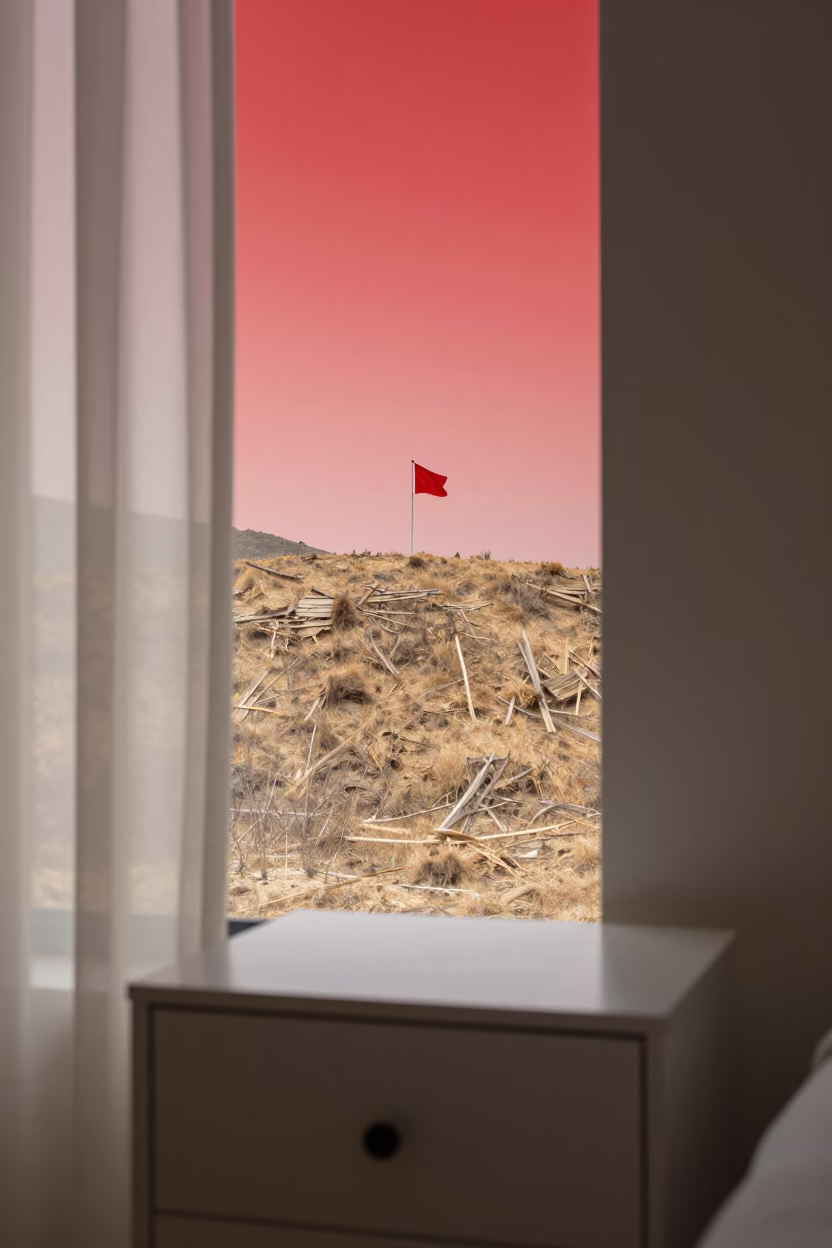 Red Flag Warning Sky Over Dry Hills in on a bedside table in Bursa