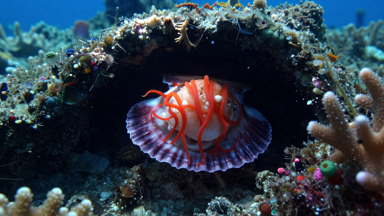 Red Flame Scallop in Belize Reef Crevice in along a coral wall with blue water beyond near Belize City
