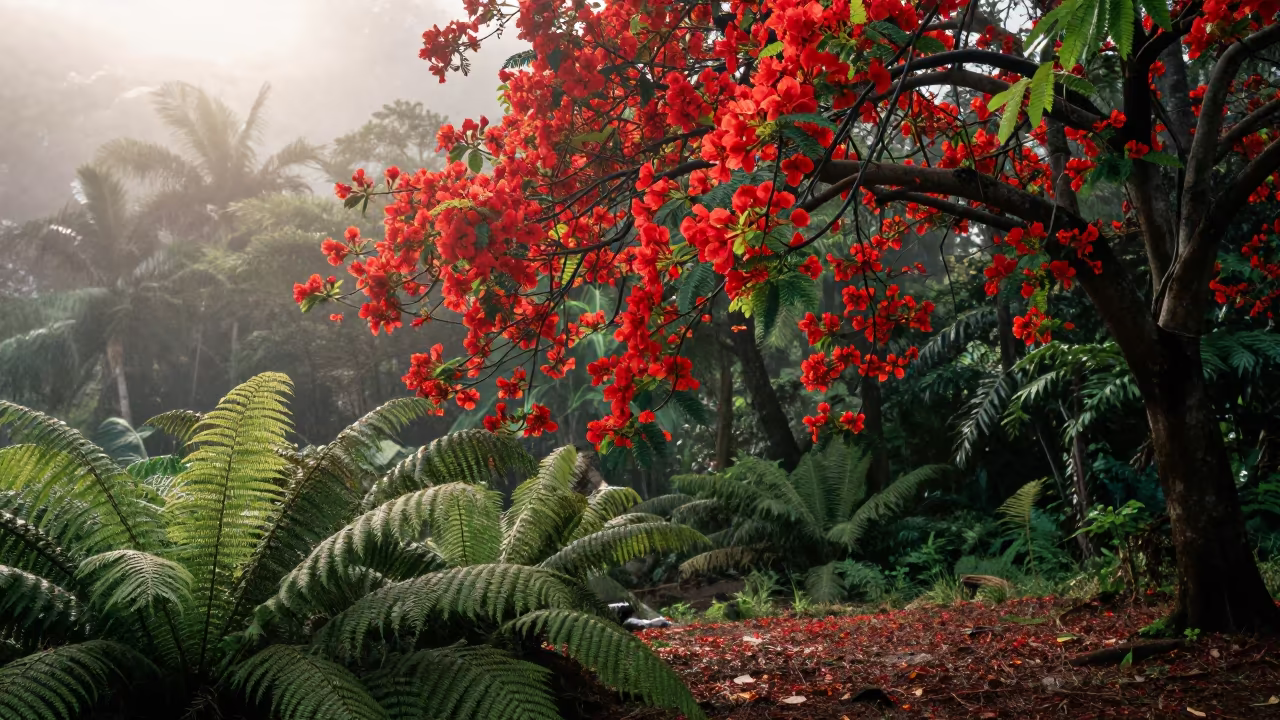 Red Flame Tree Blooms Manila Forest in on a fern-lined forest floor near Manila