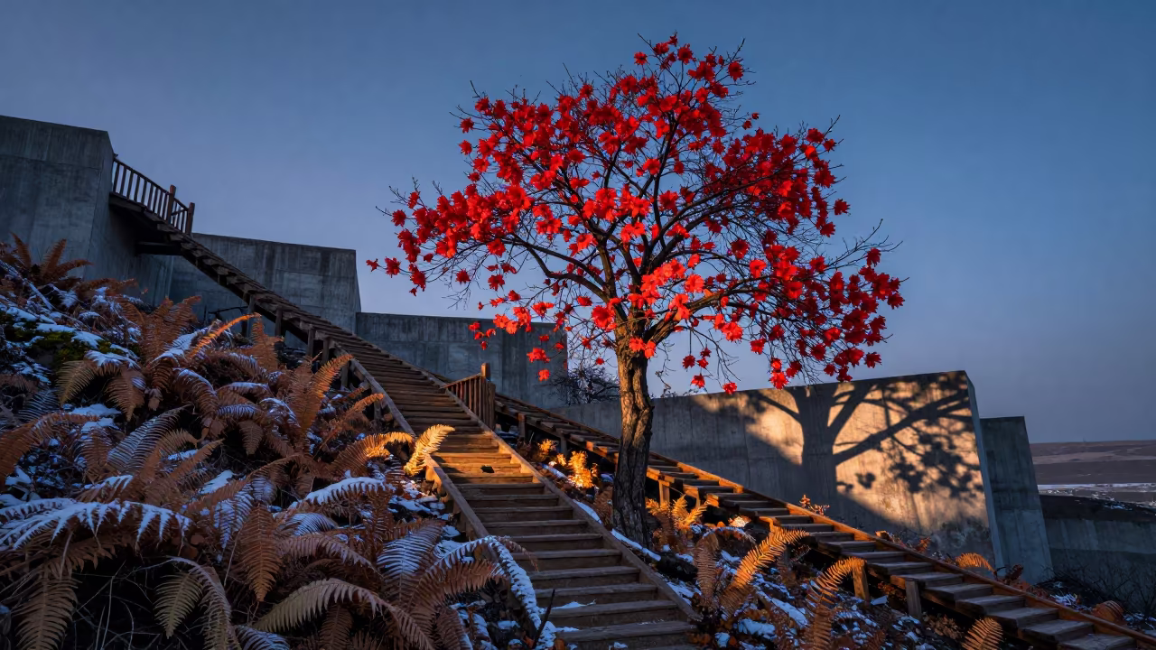 Red Flame Tree Winter Staircase Blue Light in on a fern-lined forest floor in Xinjiang