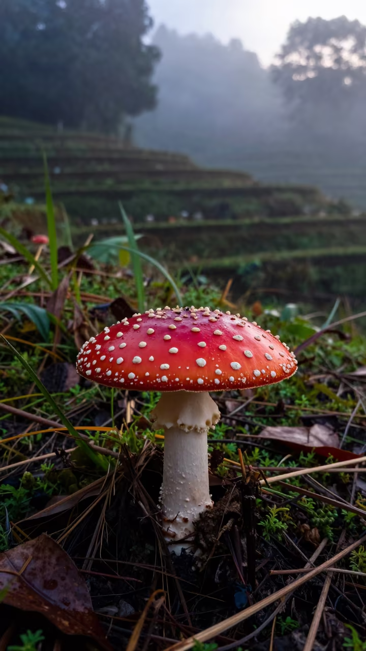 Red Fly Agaric in Borneo Garden Fog in among terraced garden plots in Borneo