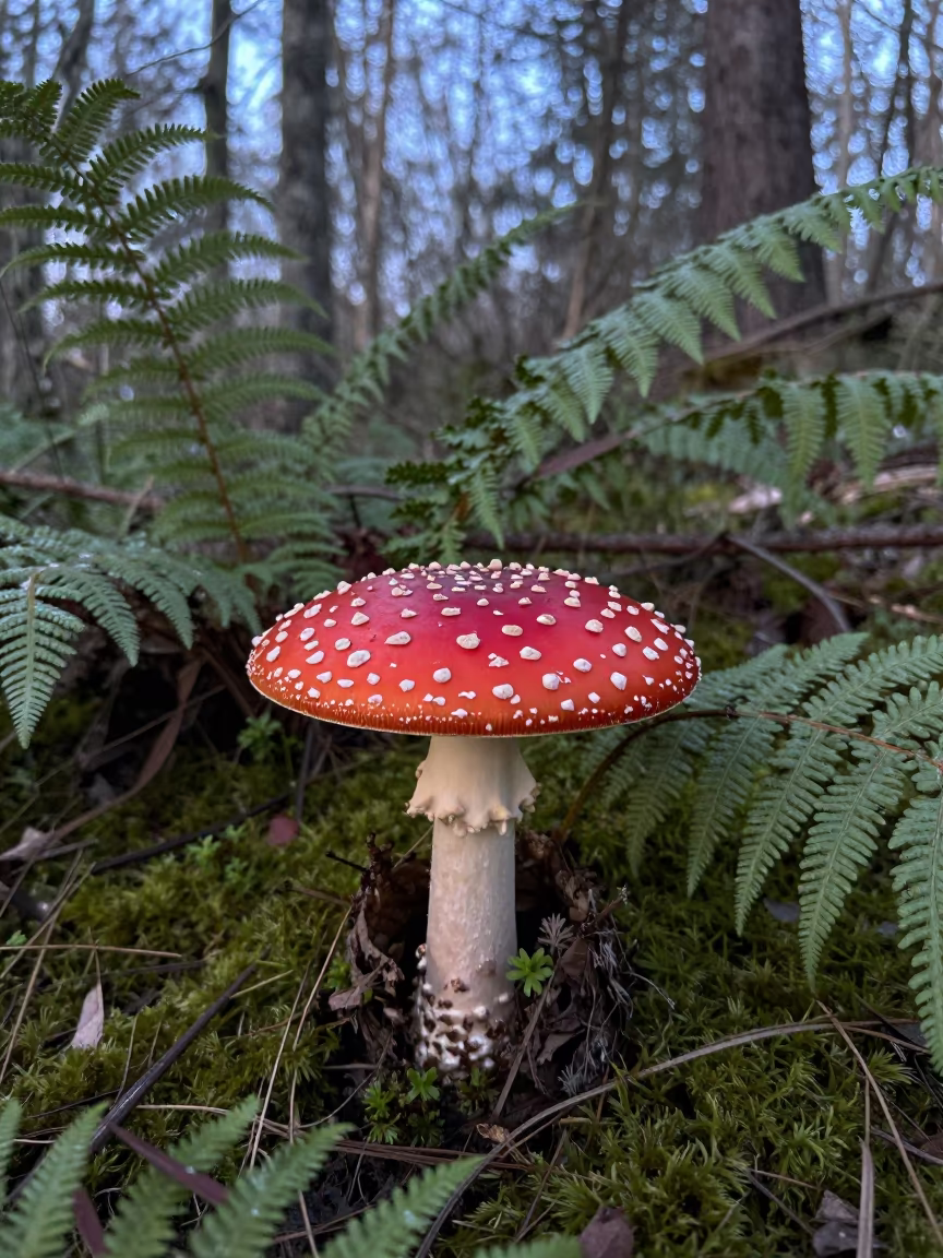Red Fly Agaric Mushroom in Dawn Light in on a fern-lined forest floor near Gaya