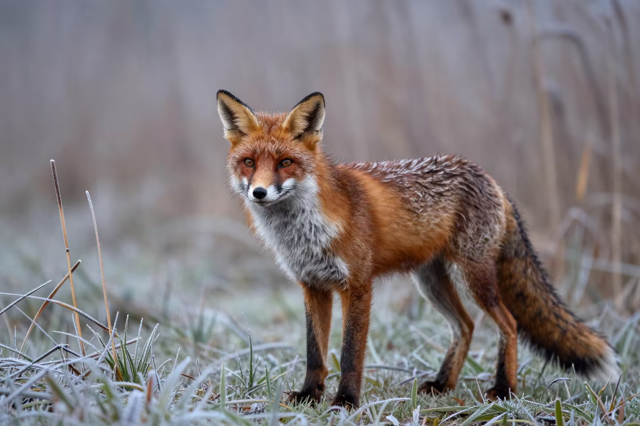 Red Fox in Autumn Reed Bed Dawn Light in along a game trail in Lombardy