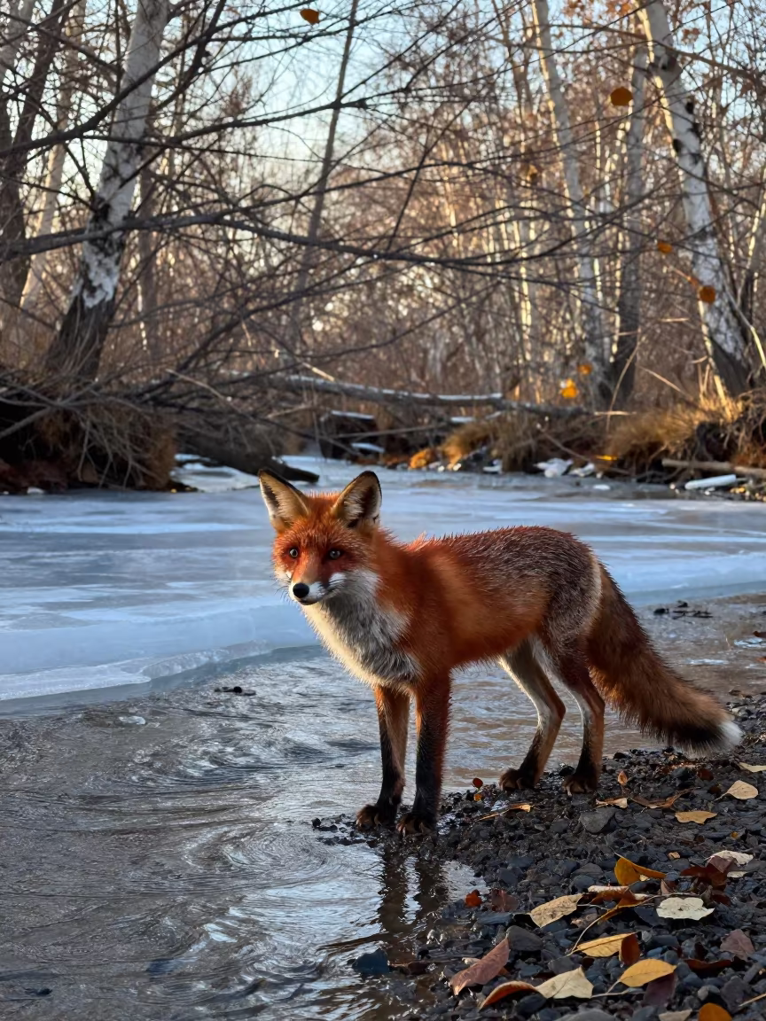 Red Fox at Dawn in Turkmenistan Glacial Stream in above a glacial stream in Turkmenistan