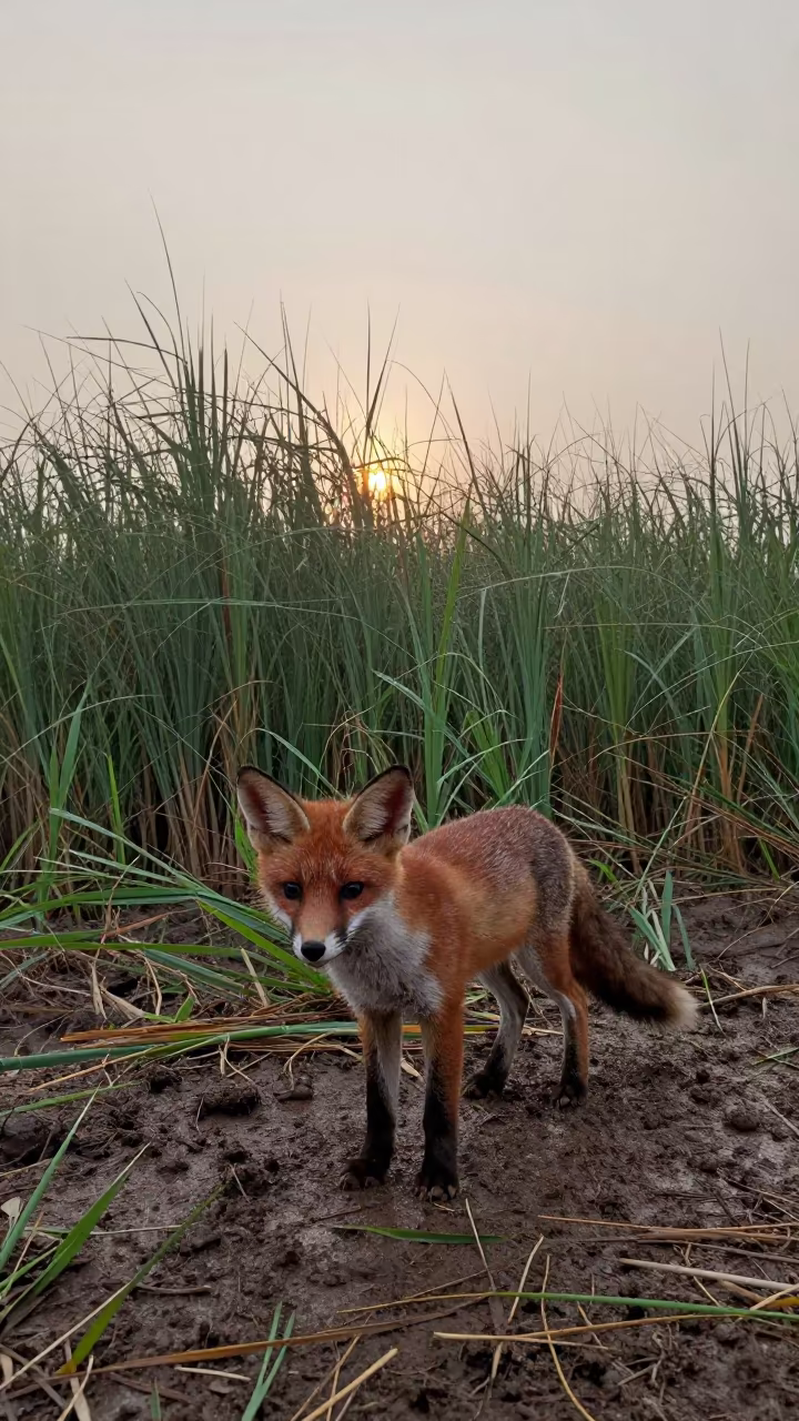 Red Fox Kit at Dawn in Maharashtra Reed Bed in at the edge of a reed bed in Maharashtra