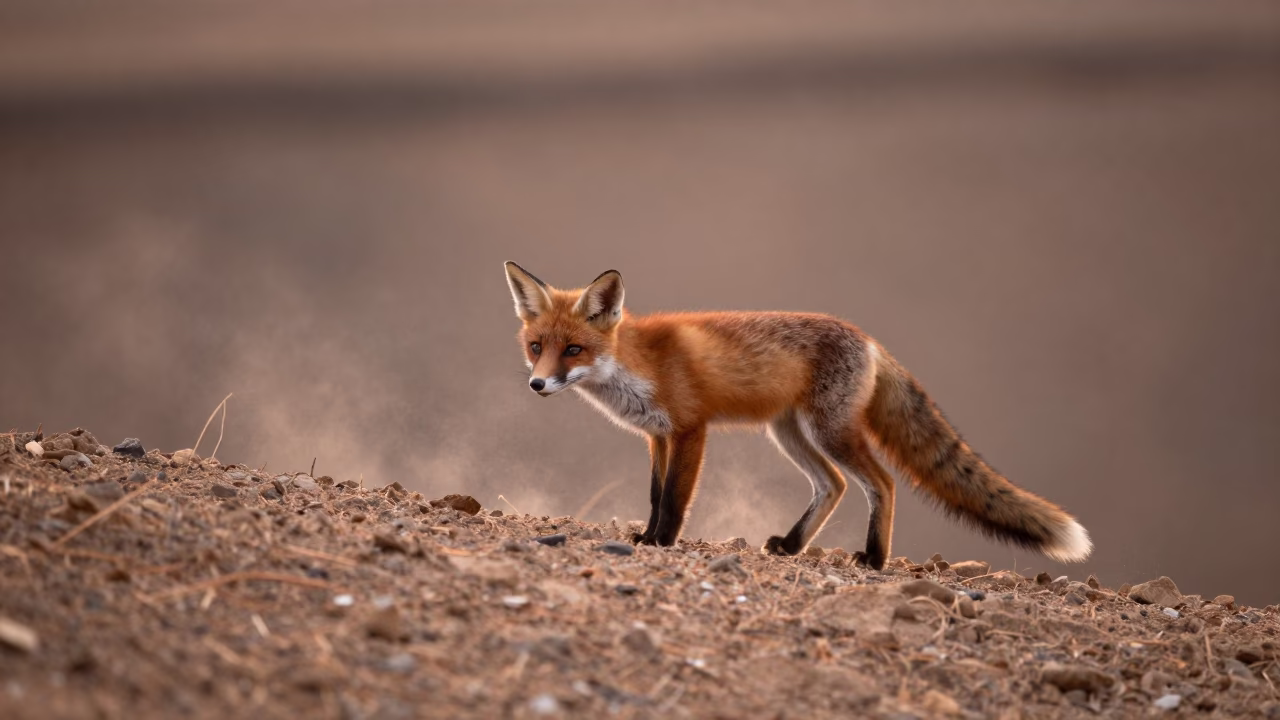 Red Fox Kit on Windy Ridge Before Dusk in on a wind-scoured ridge in Zhejiang