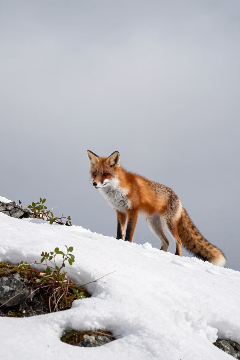 Red Fox Pouncing Snow Ridge Norway Summer in on a wind-scoured ridge in Norway