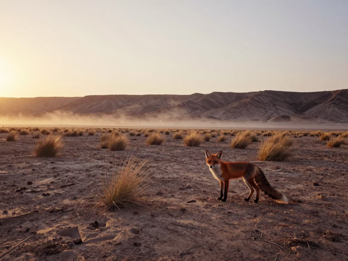 Red Fox on Yemen Tidal Flat at Sunset in on a wind-scoured ridge in Yemen