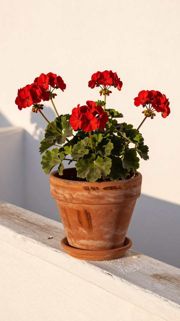 Red Geraniums in Essaouira in in Essaouira, Morocco