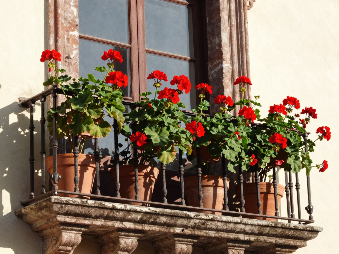 Red Geraniums in Mexico City at Clear Late-afternoon Light in in Mexico City, Mexico