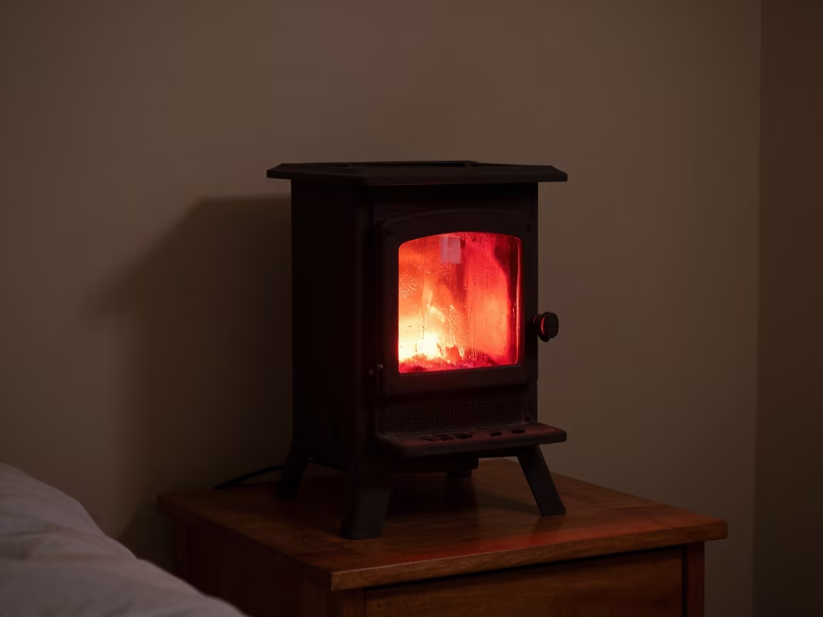 Red Glowing Cast Iron Stove Neon Night in on a bedside table in Medellín