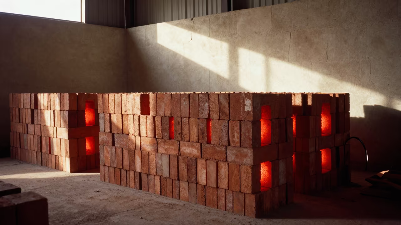 Red Glowing Kiln Interior With Stacked Bricks in at a rail yard near Rajkot