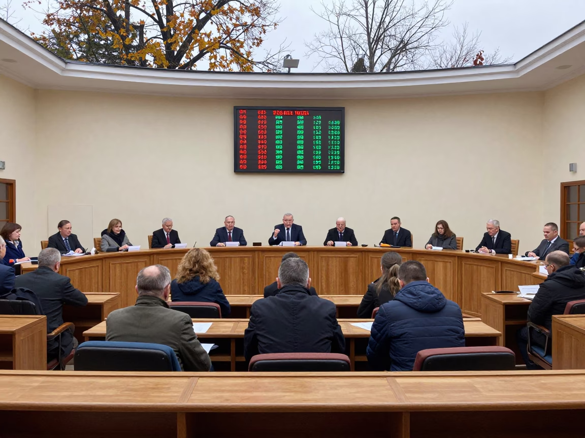 Red Green Vote Board Lights Council Chamber Faces in inside a council chamber in Białystok
