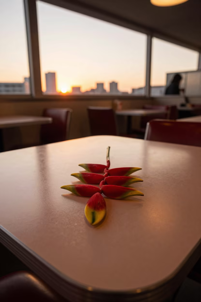 Red Heliconia on Diner Table at Sunset in at a roadside diner table in Odaiba, Tokyo