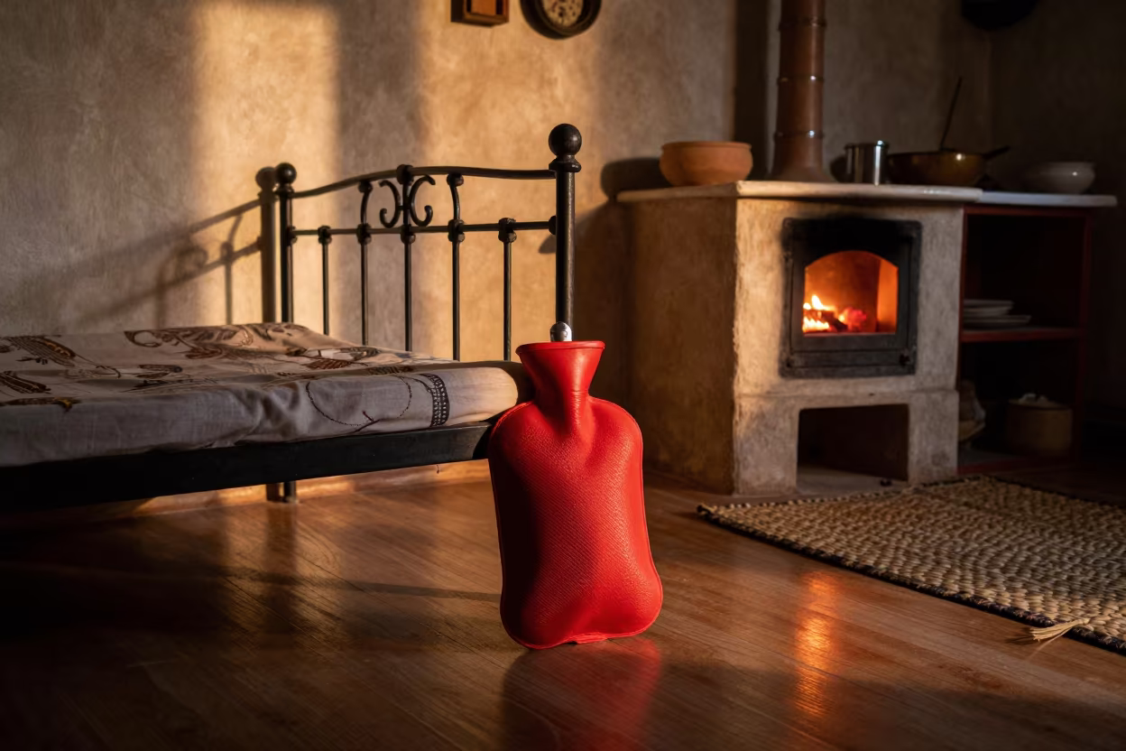 Red Hot Water Bottle on Iron Bed in Jammu Kitchen in in a cozy kitchen in Jammu
