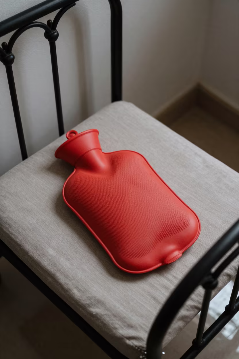 Red Hot Water Bottle on Bed Frame in on a reading nook cushion near Lima