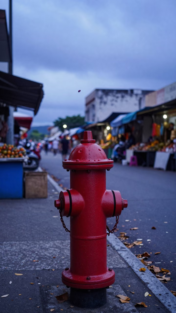 Red Hydrant Amid Autumn Leaves Belem in along a market-lined side street in Belem