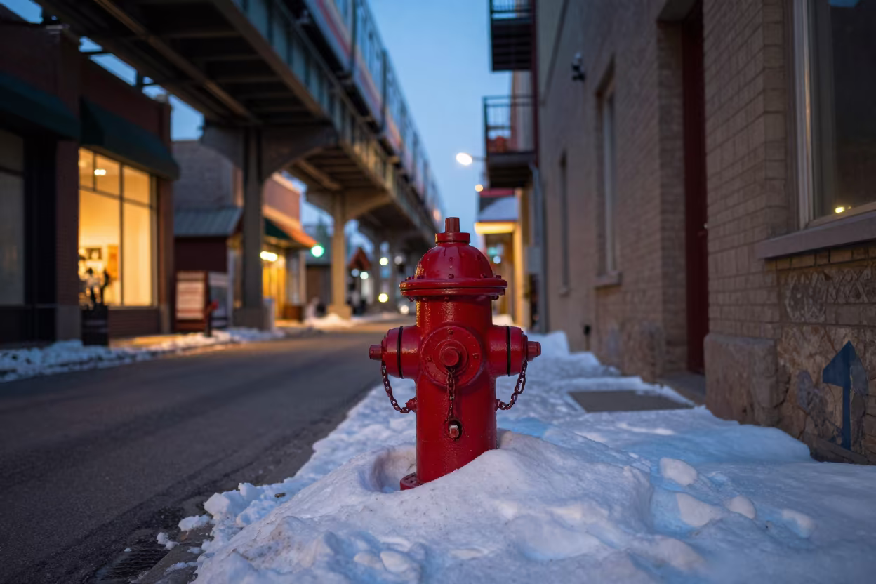 Red Hydrant Amid Snow Drift in Edmonton Alley in under an elevated train line in Edmonton