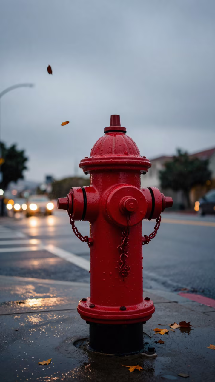 Red Hydrant Amidst Drifting Autumn Leaves in along a market-lined side street in Highland Park, Los Angeles