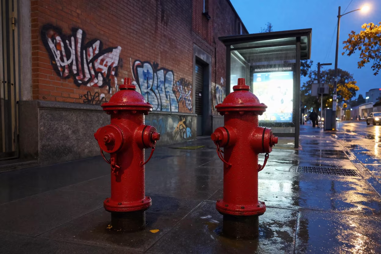 Red Hydrant and Graffiti Wall in Rain in beside a steamed-up bus shelter in Colegiales, Buenos Aires
