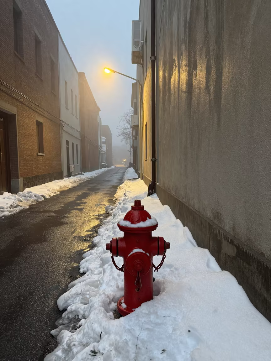 Red Hydrant Hidden by Snow in Tonalá Alley in beneath a flickering underpass light in Tonalá
