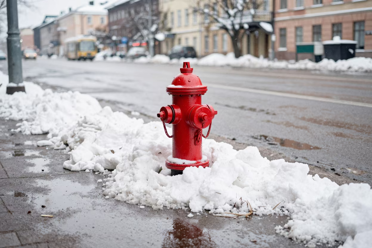 Red Hydrant in Kallio Snow Under Winter Noon in at a tram stop in Kallio, Helsinki