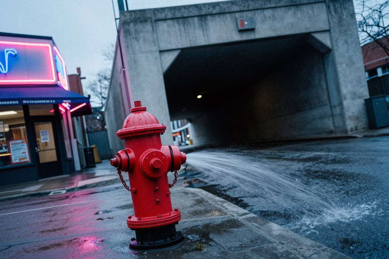 Red Hydrant Leaks Neon Light on Winter Asphalt in beneath a flickering underpass light in Yorkville, Toronto