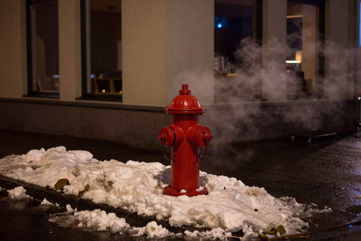 Red Hydrant in Reykjavik Night Snow in outside a corner cafe in Reykjavik