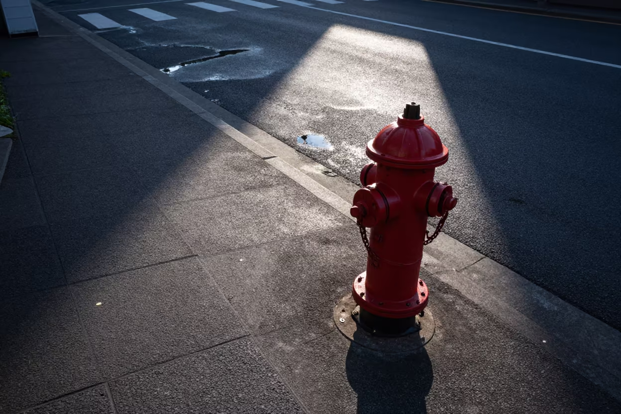 Red Hydrant Shadow Dawn Sendai Metro in outside a metro entrance in Sendai