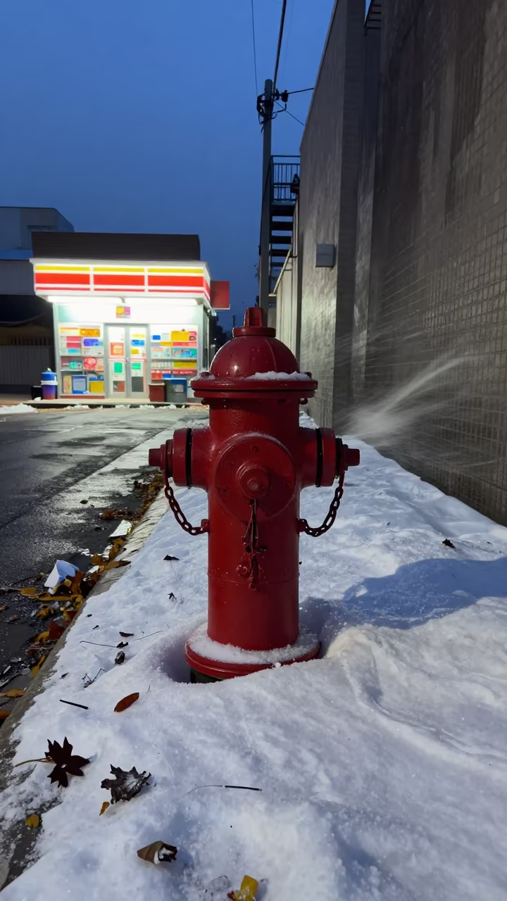 Red Hydrant in Snow Drift Blue Hour Alley in outside a fluorescent convenience store in Az Zubayr