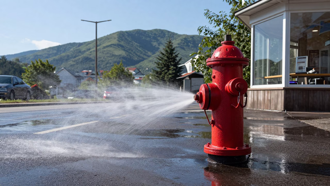 Red Hydrant Sprays Water on Hot Vladivostok Asphalt in outside a corner cafe in Vladivostok