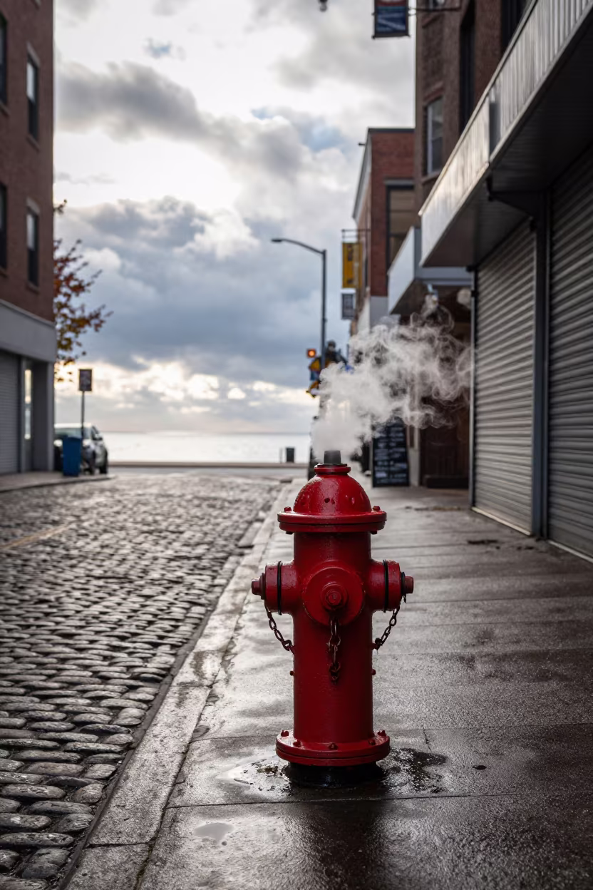 Red Hydrant and Steam in Halifax Midmorning in along a shuttered arcade in Halifax