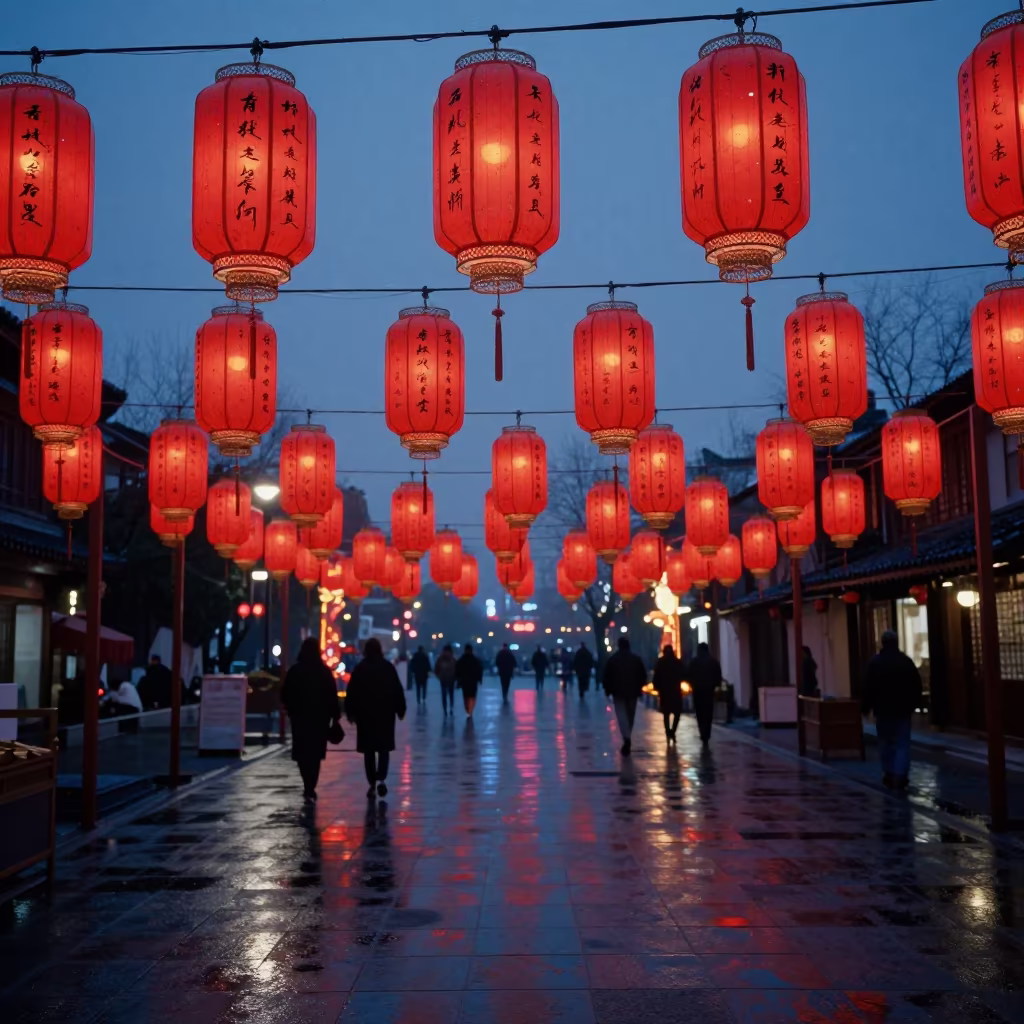 Red Lanterns with Riddles Hang Over Shanghai Square in at a public square during a festival in Hongkou, Shanghai