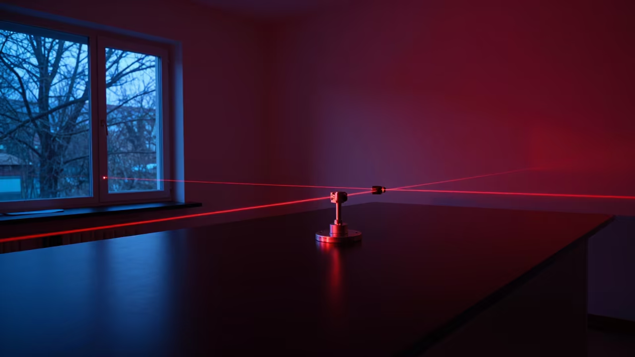 Red Laser Beam on Dark Optical Table in inside a university research lab near Culiacán
