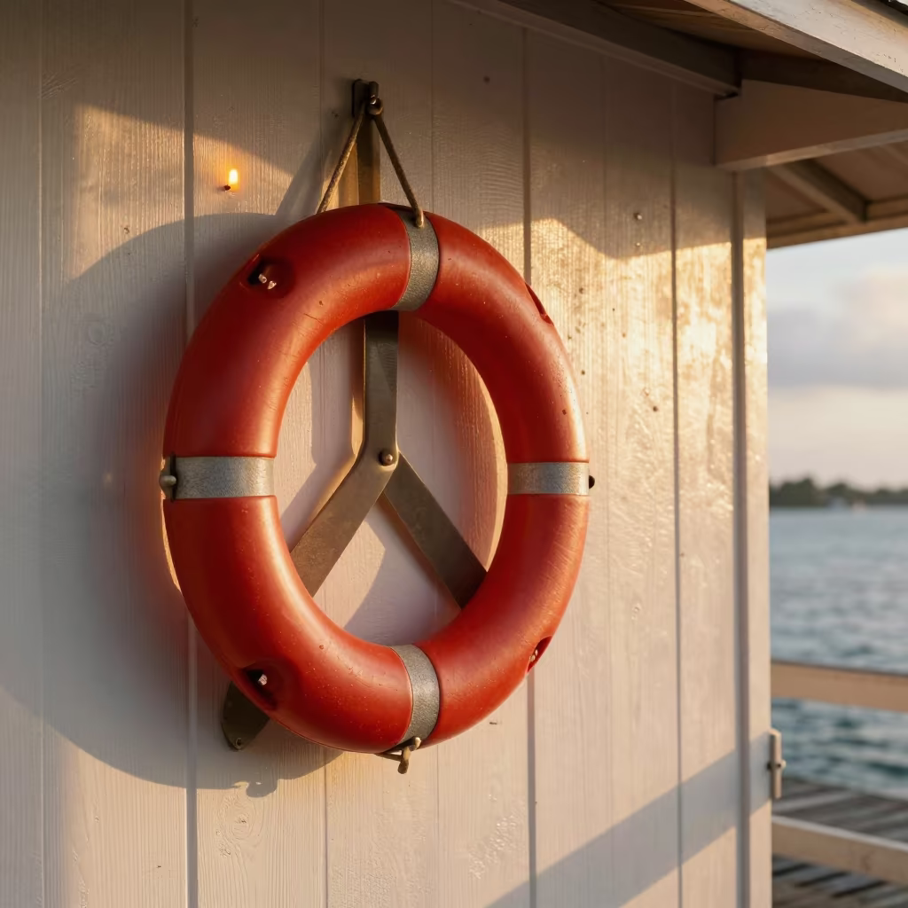 Red Lifebuoy on White Dock Wall in Portmore in inside a skylit passageway in Portmore