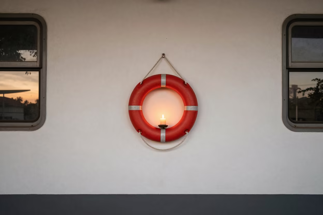 Red Lifebuoy on White Wall at Sunset in inside a restored train terminal in Palembang