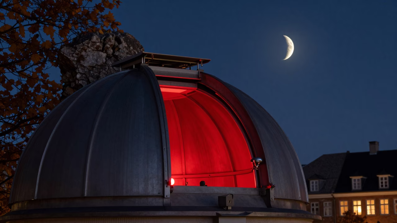 Red Light Dome Slit Shows Moon in along a rocky geology outcrop near Christianshavn, Copenhagen