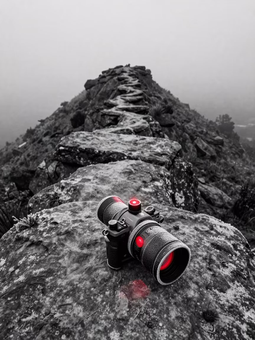 Red Light on Frosted Telescope in Cusco Dawn in along a rocky geology outcrop in Cusco