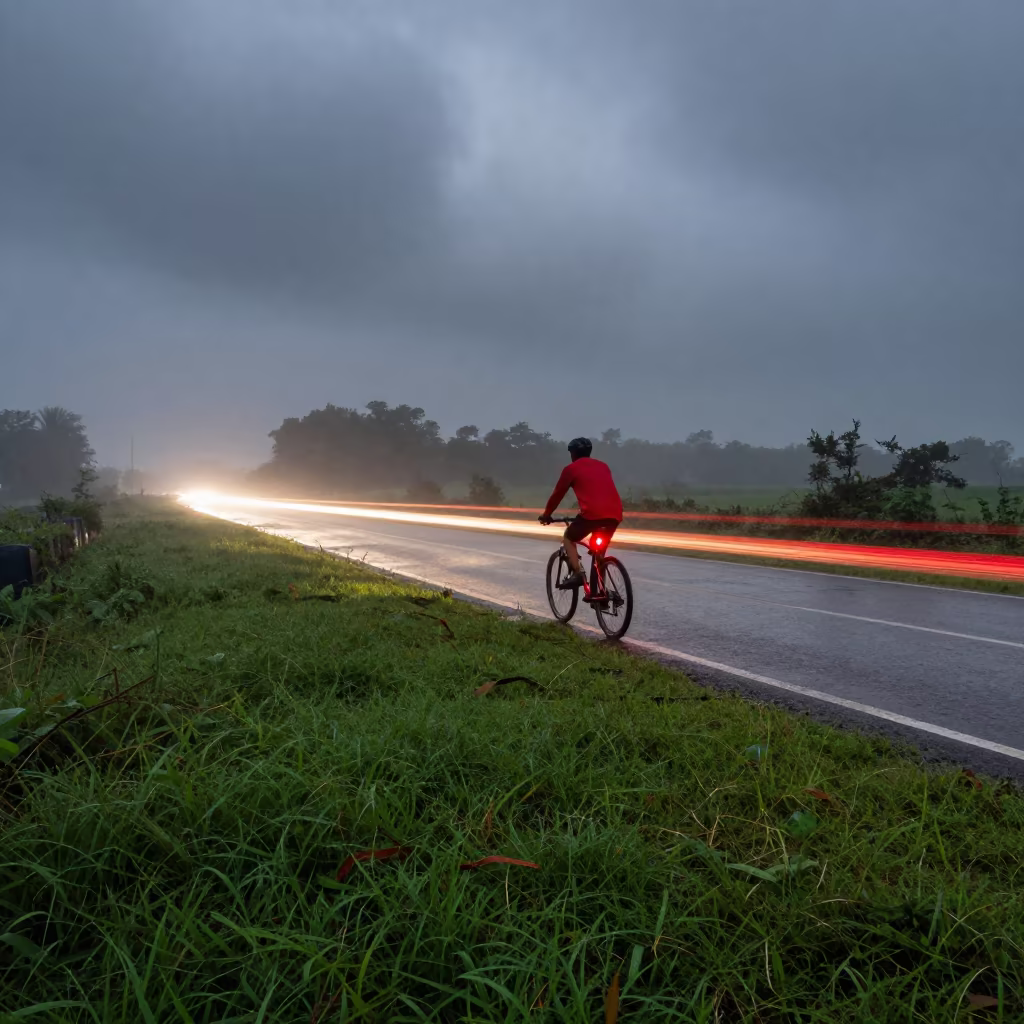 Red Light Trail Cyclist Through Fog on Vadodara Hillside in on a hillside near Vadodara