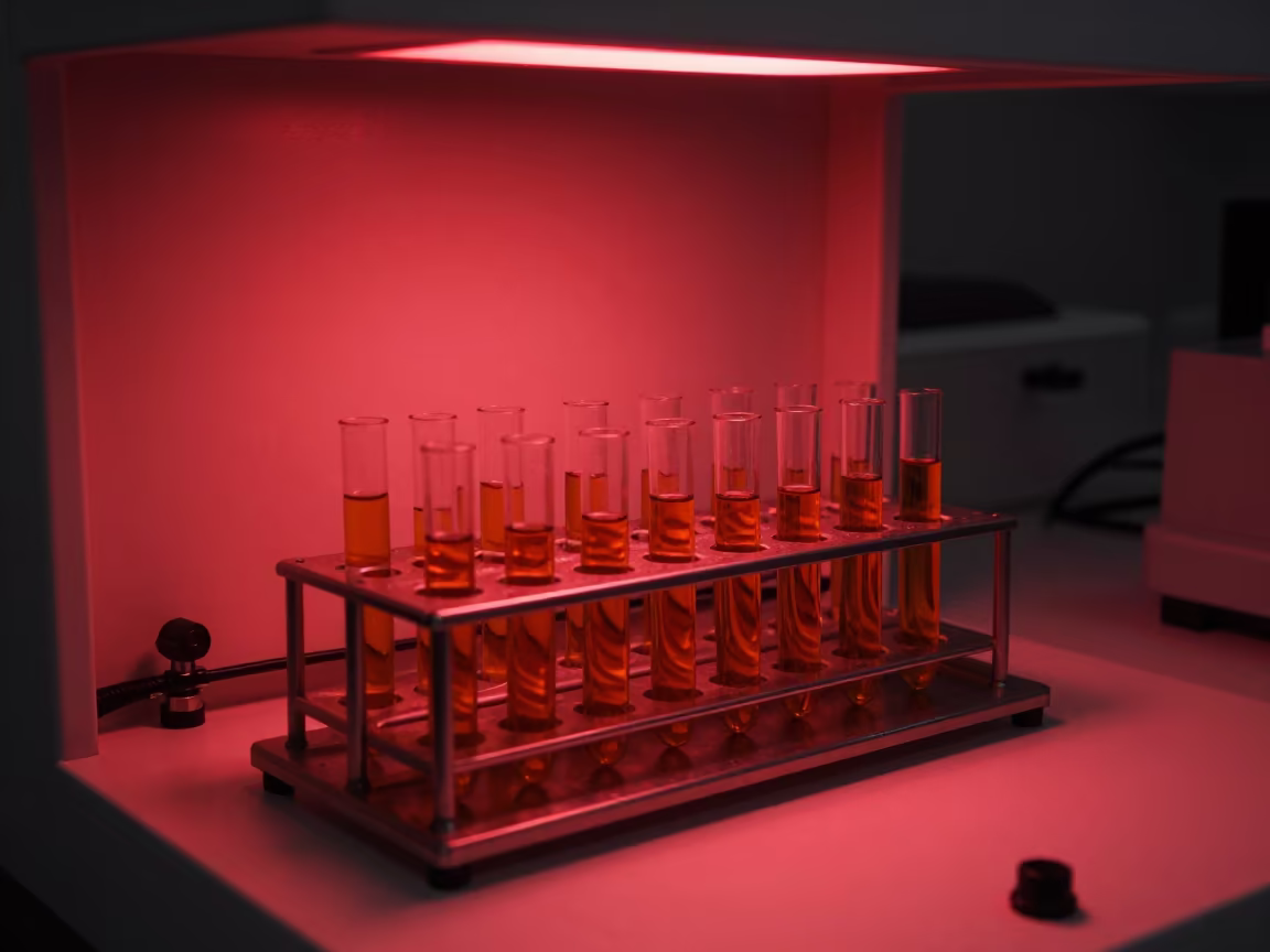 Red-Lit Lab Centrifuge Tubes at Night in Medea in at an engineering workbench in Médéa