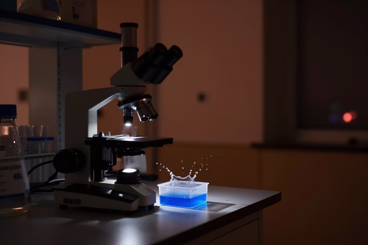 Red-lit Lab Cover Slip Box with Frozen Water Splash in inside a university research lab in Hangzhou