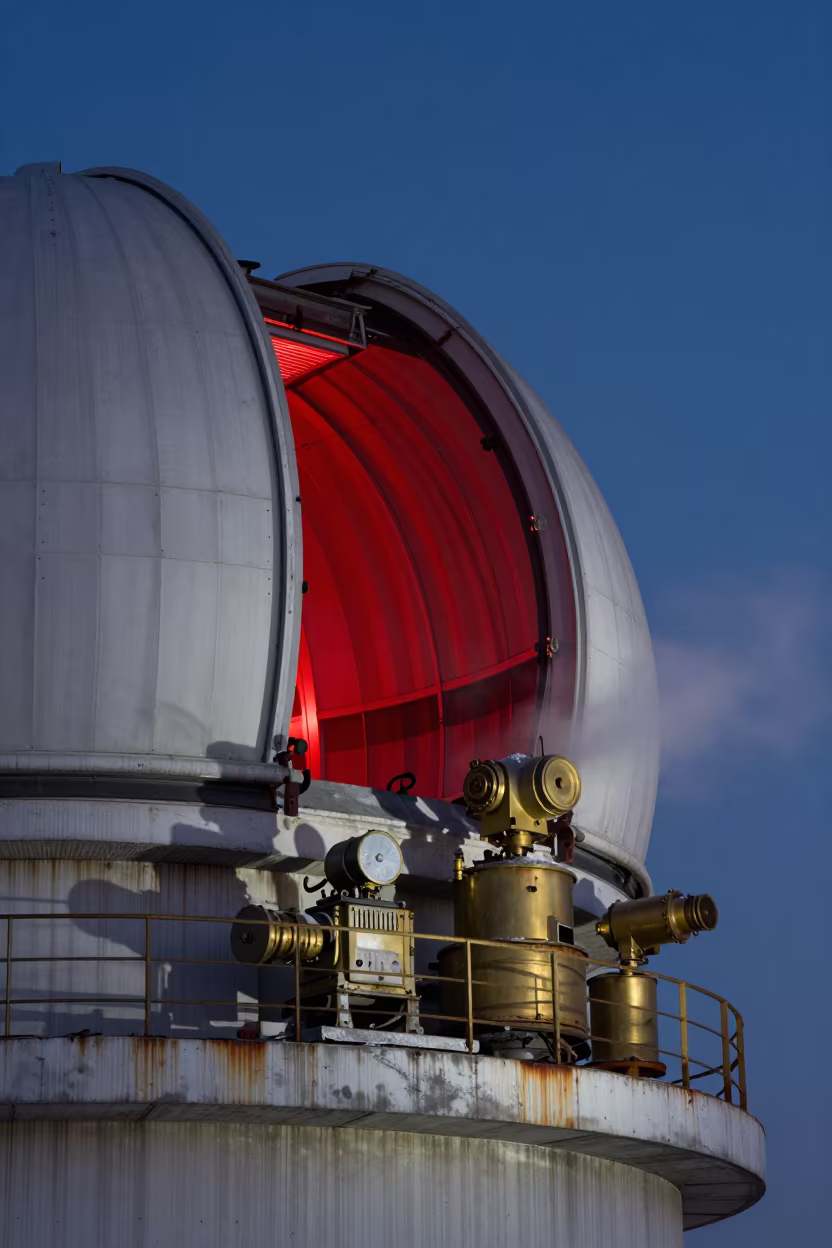 Red-Lit Observatory Dome Detail Before Dawn in beside an observatory dome near Pyongyang