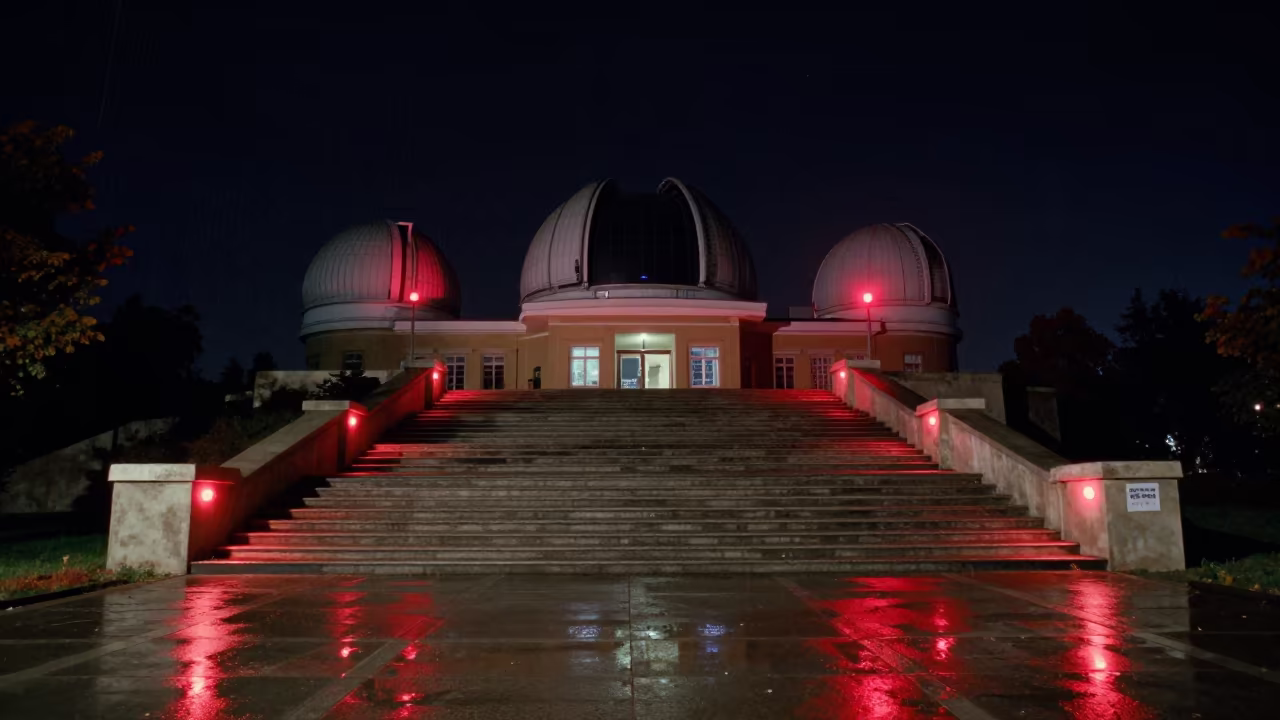 Red Lit Observatory Stairwell Baghdad Midnight in beside a tidal survey transect in Baghdad