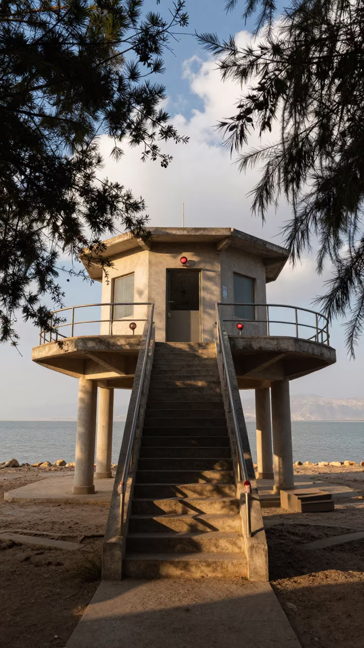 Red Lit Observatory Stairwell Dead Sea Platform in on a wind-scoured research platform in the Dead Sea