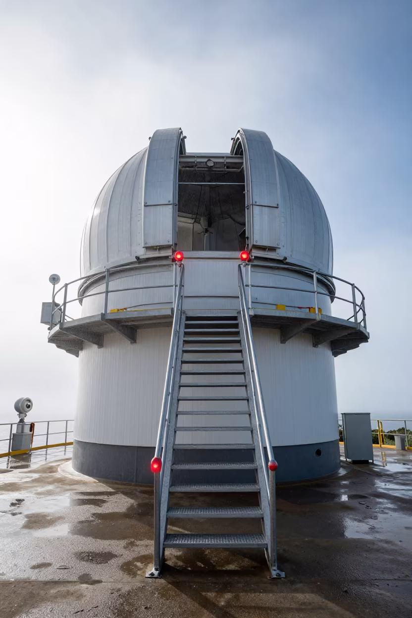 Red Lit Observatory Stairwell Noon Rain Biarritz in on a wind-scoured research platform near Biarritz