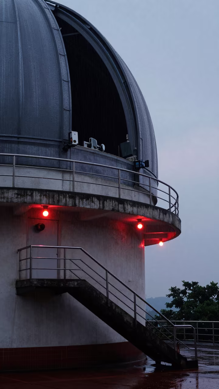 Red Lit Observatory Stairwell Rainy Laos Dawn in at a remote field station in Laos