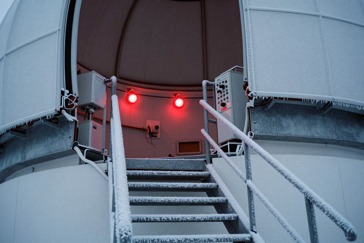 Red Lit Observatory Stairwell Winter Day in near a weather balloon launch site in Jiangxi