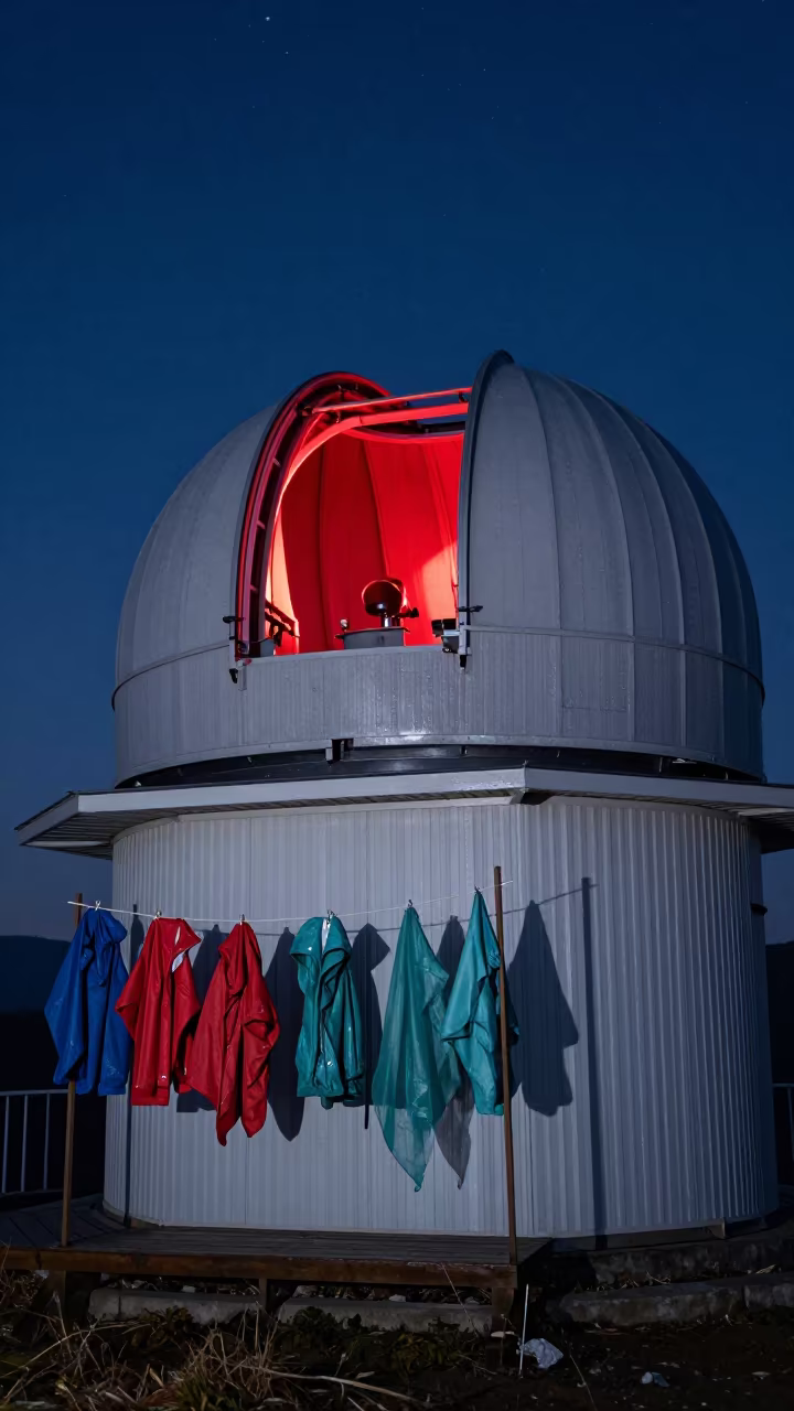 Red-Lit Porch with Day-Night Sky Split in at a remote field station in Hubei