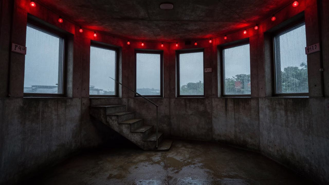Red Lit Stairwell in Japanese Command Bunker in inside a command post near Kobe